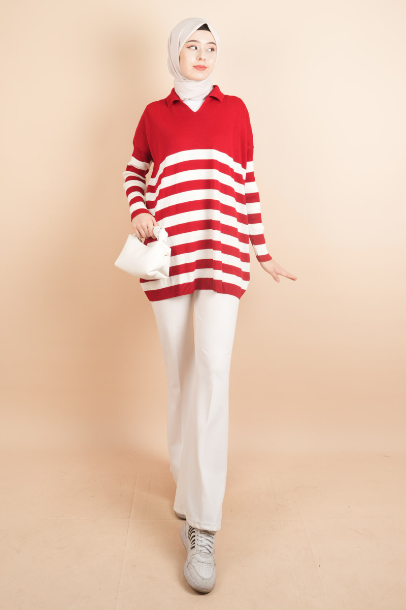 V Yakalı Üst Gömlek Yaka Çizgili Basic Tunik Kazak Kırmızı - 2