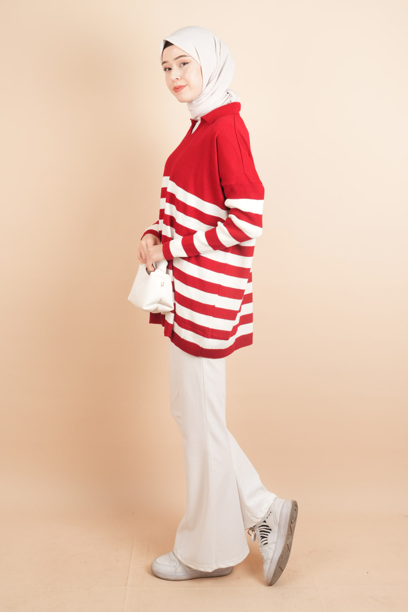 V Yakalı Üst Gömlek Yaka Çizgili Basic Tunik Kazak Kırmızı - 3