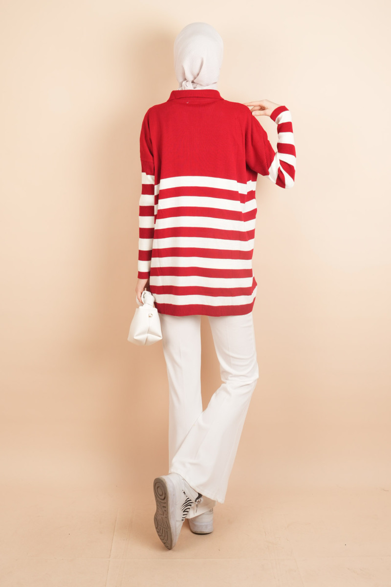 V Yakalı Üst Gömlek Yaka Çizgili Basic Tunik Kazak Kırmızı - 4