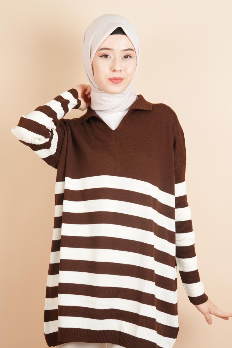 V Yakalı Üst Gömlek Yaka Çizgili Basic Tunik Kazak Koyu Kahverengi - 1