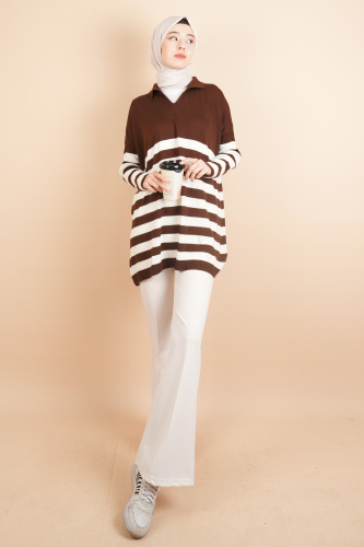 V Yakalı Üst Gömlek Yaka Çizgili Basic Tunik Kazak Koyu Kahverengi - 03Kız Kulesi Teks (1)