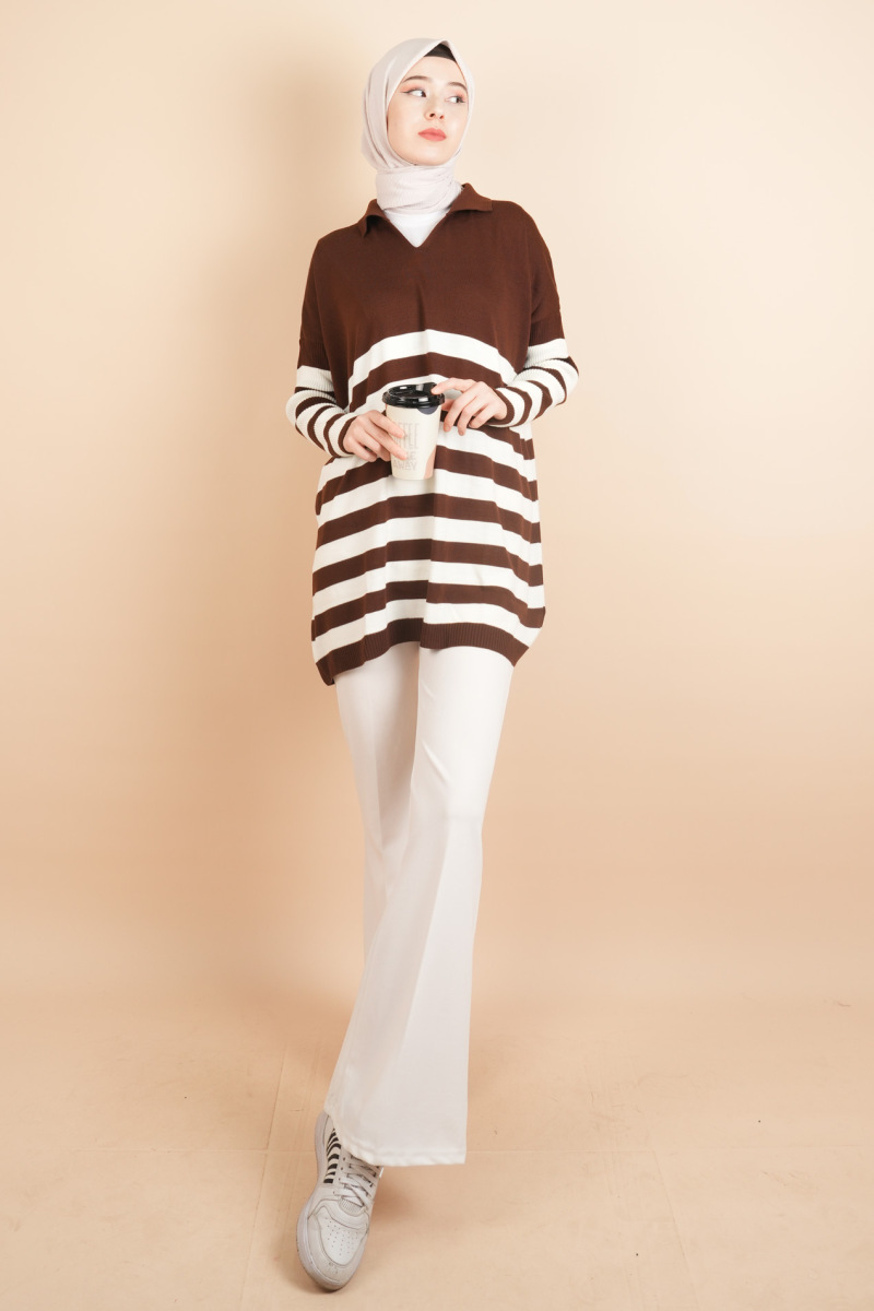 V Yakalı Üst Gömlek Yaka Çizgili Basic Tunik Kazak Koyu Kahverengi - 2