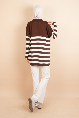 V Yakalı Üst Gömlek Yaka Çizgili Basic Tunik Kazak Koyu Kahverengi - 4