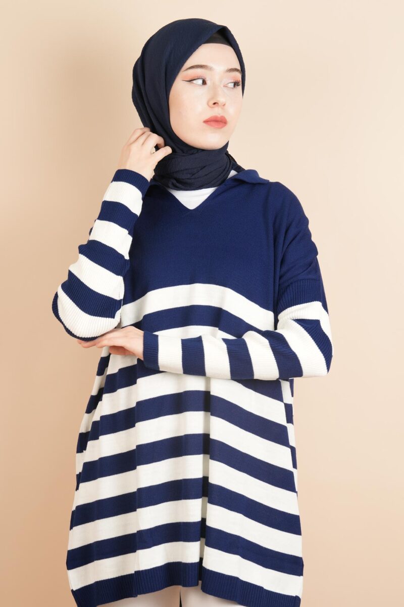 V Yakalı Üst Gömlek Yaka Çizgili Basic Tunik Kazak Lacivert - 1