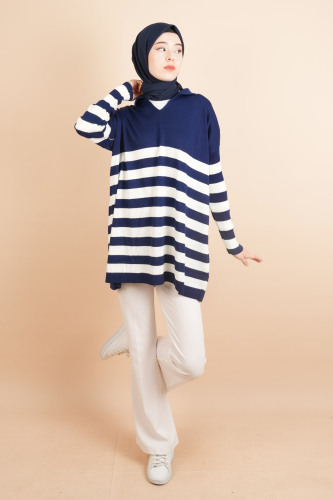 V Yakalı Üst Gömlek Yaka Çizgili Basic Tunik Kazak Lacivert - 03Kız Kulesi Teks (1)