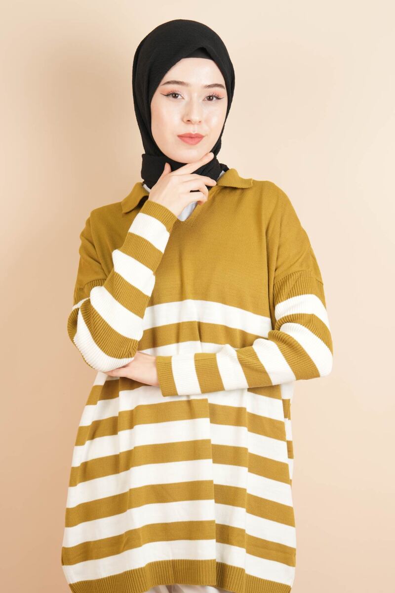 V Yakalı Üst Gömlek Yaka Çizgili Basic Tunik Kazak Yağ Yeşili - 1