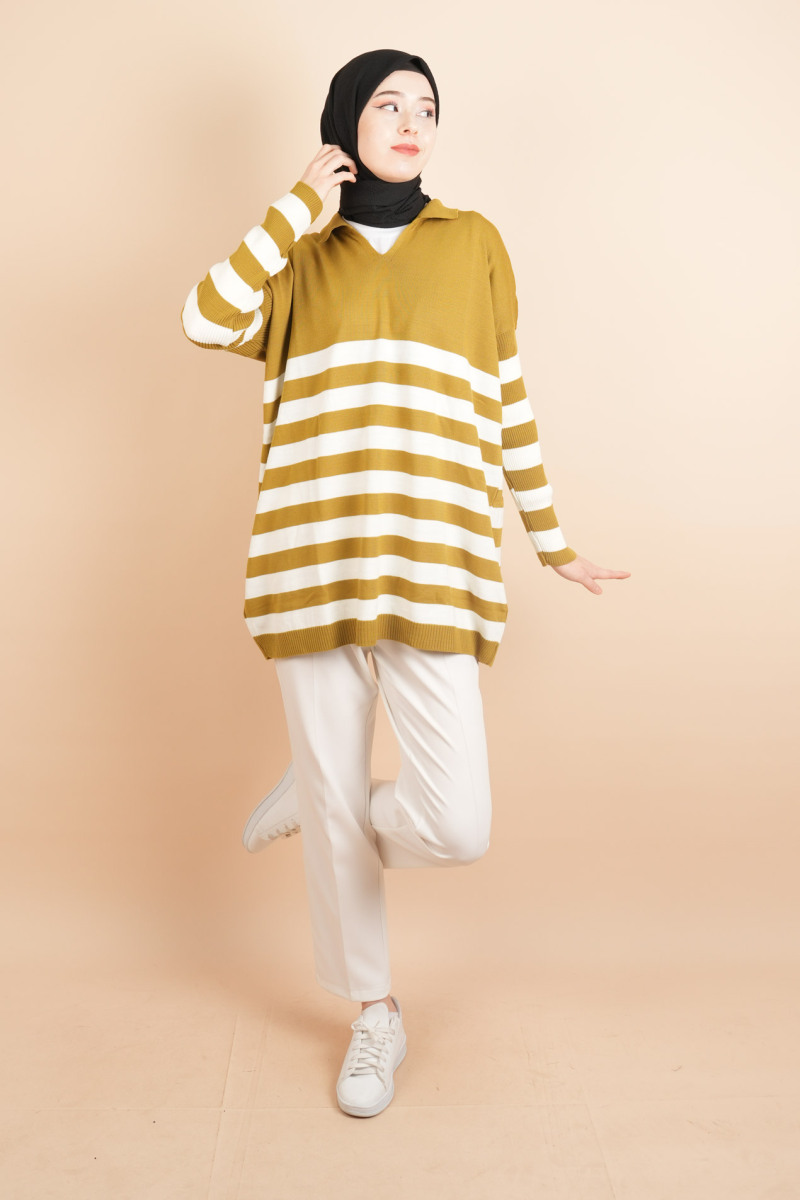 V Yakalı Üst Gömlek Yaka Çizgili Basic Tunik Kazak Yağ Yeşili - 2