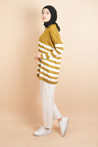 V Yakalı Üst Gömlek Yaka Çizgili Basic Tunik Kazak Yağ Yeşili - 3