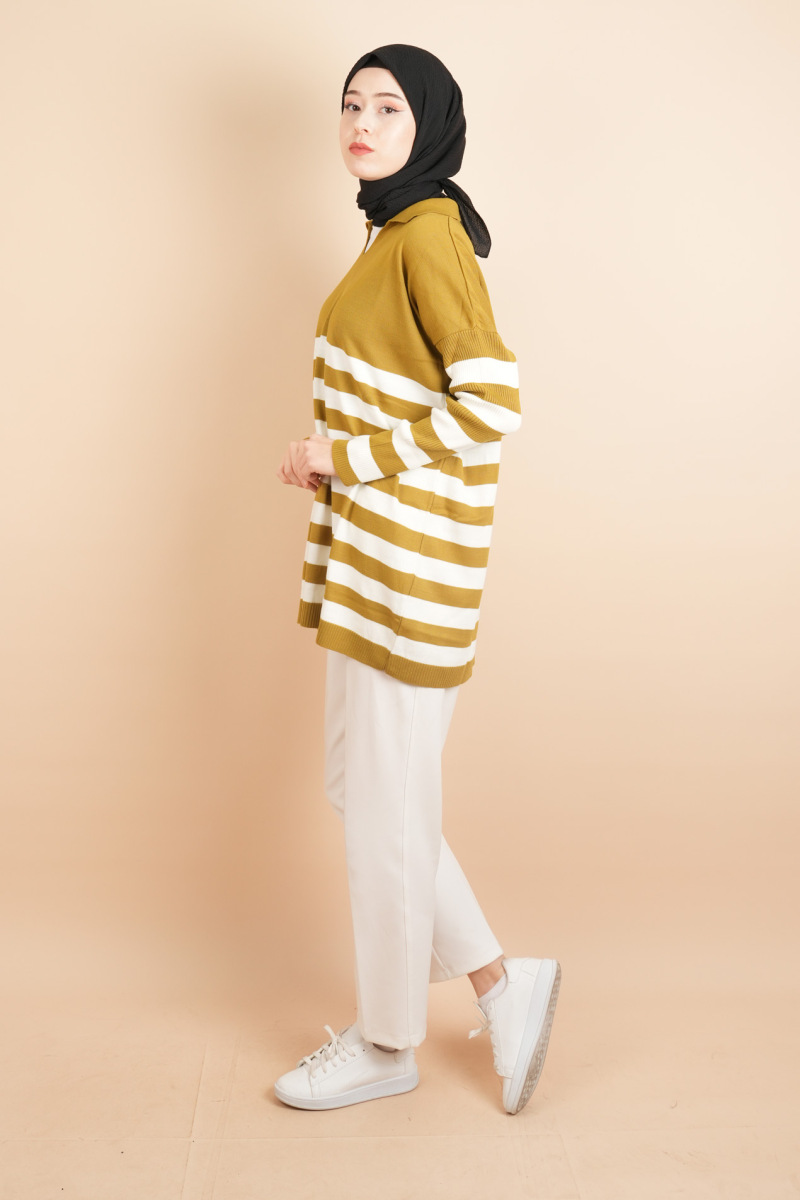 V Yakalı Üst Gömlek Yaka Çizgili Basic Tunik Kazak Yağ Yeşili - 3