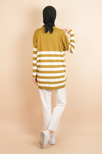 V Yakalı Üst Gömlek Yaka Çizgili Basic Tunik Kazak Yağ Yeşili - 4