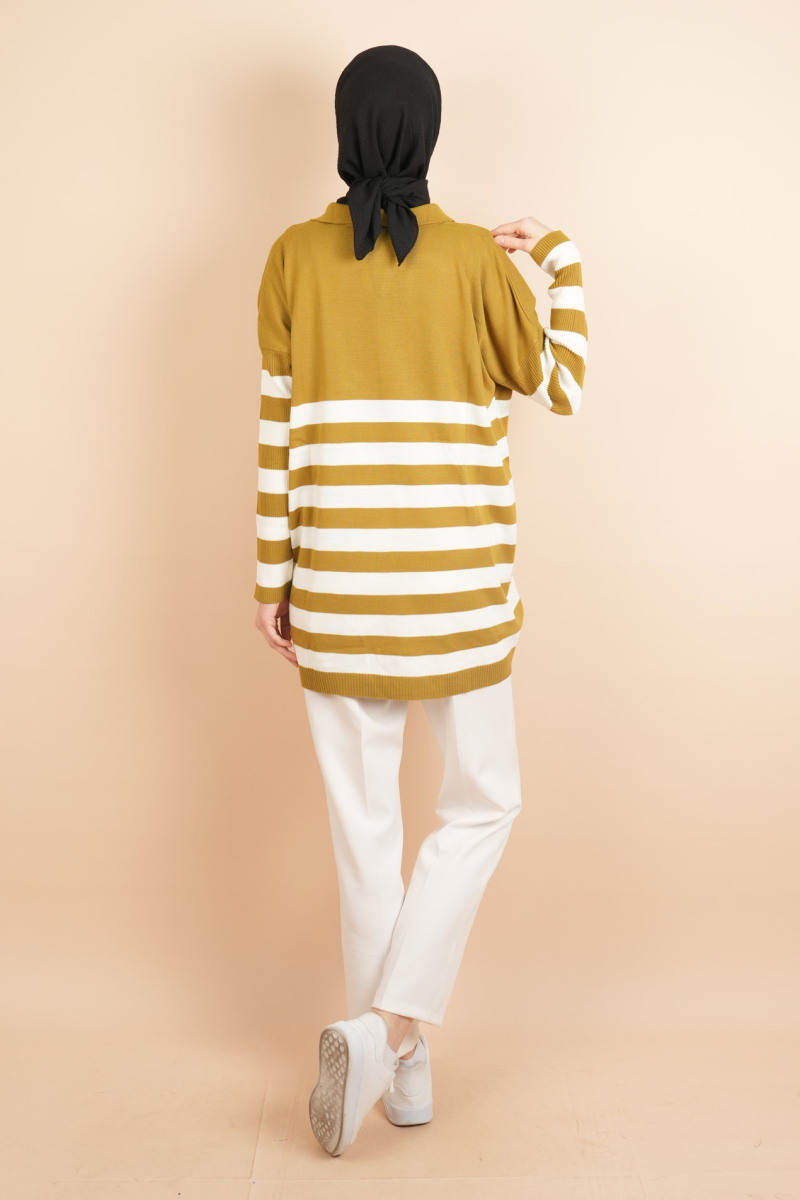 V Yakalı Üst Gömlek Yaka Çizgili Basic Tunik Kazak Yağ Yeşili - 4