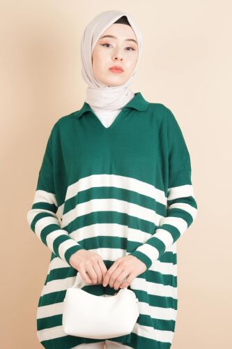 V Yakalı Üst Gömlek Yaka Çizgili Basic Tunik Kazak Zümrüt 
