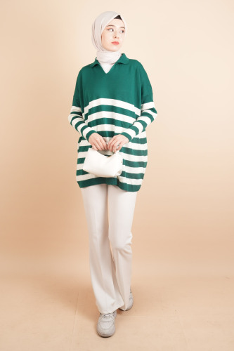 V Yakalı Üst Gömlek Yaka Çizgili Basic Tunik Kazak Zümrüt - 03Kız Kulesi Teks (1)