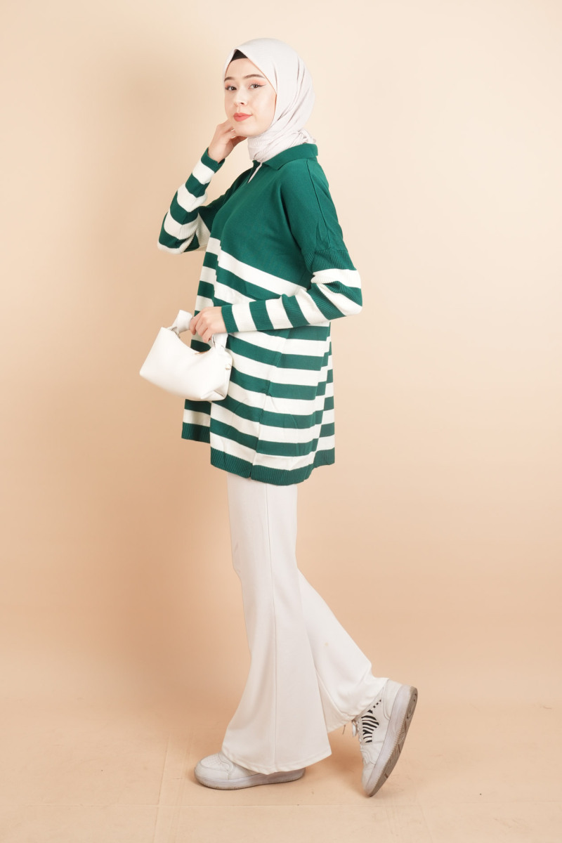 V Yakalı Üst Gömlek Yaka Çizgili Basic Tunik Kazak Zümrüt - 3