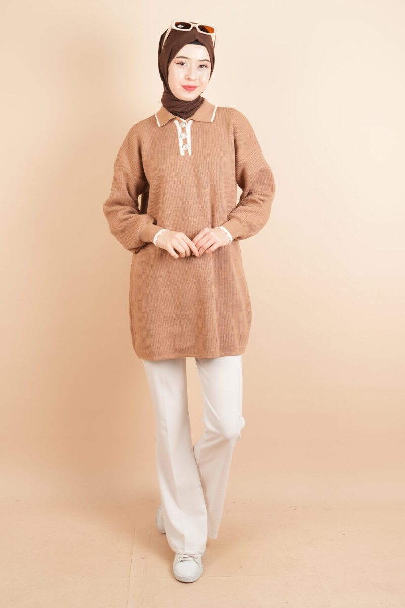 Yaka Ve Düğme Detaylı Tesettür Tunik Kazak Bej - 2