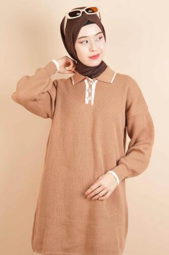Yaka Ve Düğme Detaylı Tesettür Tunik Kazak Bej - 03Kız Kulesi Teks