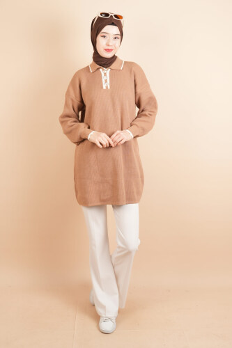 Yaka Ve Düğme Detaylı Tesettür Tunik Kazak Bej - 03Kız Kulesi Teks (1)