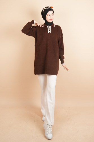 Yaka Ve Düğme Detaylı Tesettür Tunik Kazak Kahverengi - 03Kız Kulesi Teks (1)
