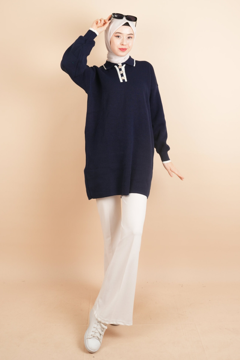 Yaka Ve Düğme Detaylı Tesettür Tunik Kazak Lacivert - 2