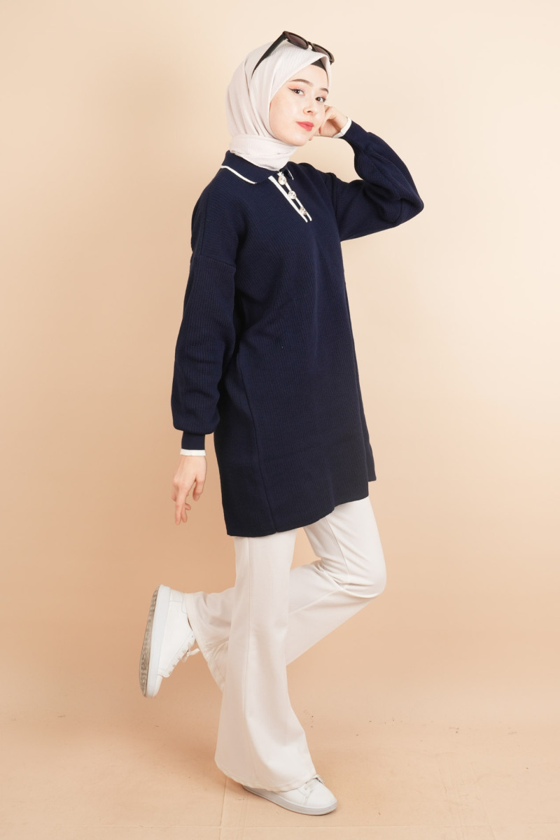 Yaka Ve Düğme Detaylı Tesettür Tunik Kazak Lacivert - 3