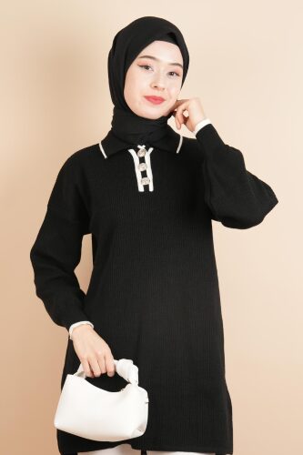 Yaka Ve Düğme Detaylı Tesettür Tunik Kazak Siyah 