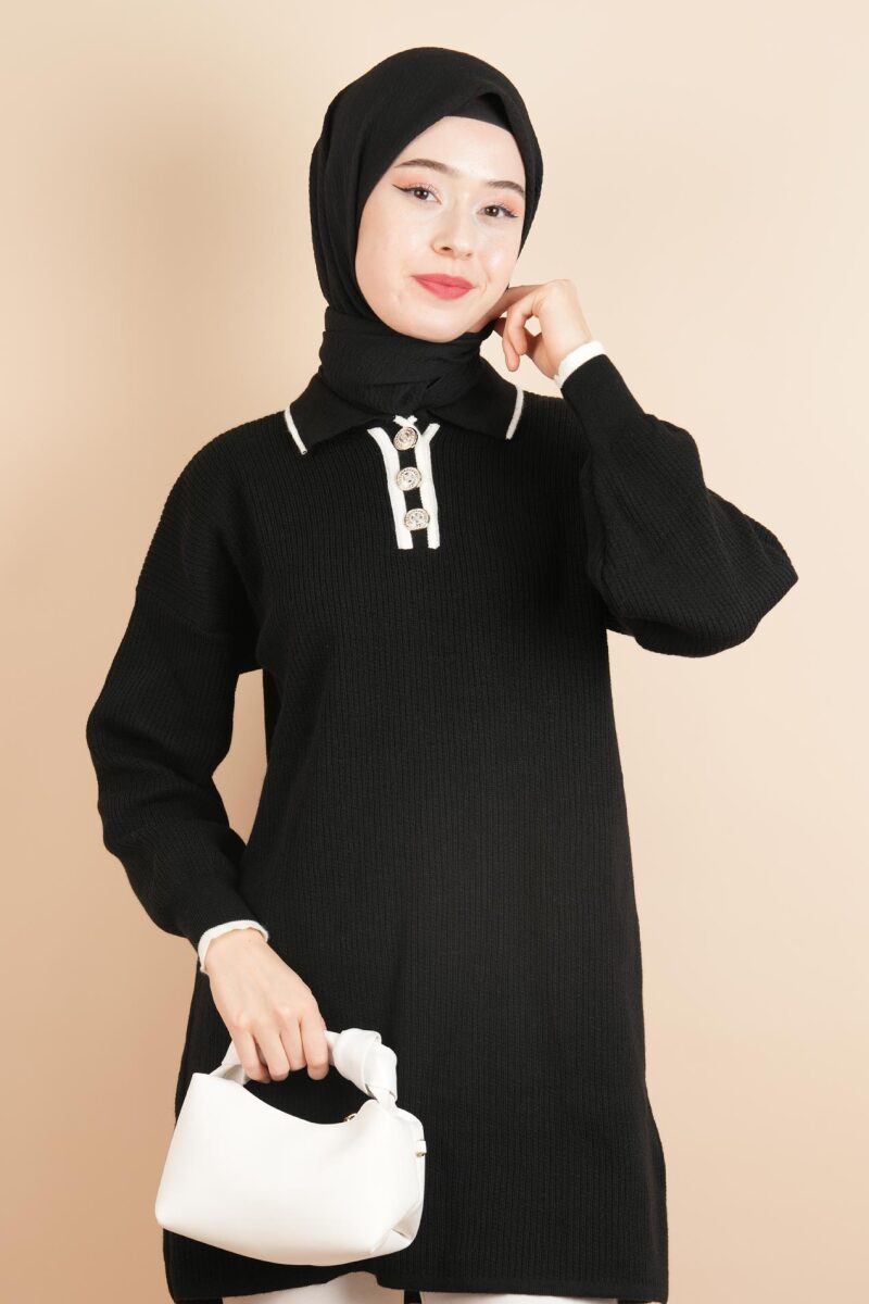 Yaka Ve Düğme Detaylı Tesettür Tunik Kazak Siyah - 1