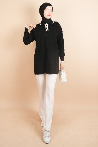 Yaka Ve Düğme Detaylı Tesettür Tunik Kazak Siyah - 03Kız Kulesi Teks (1)