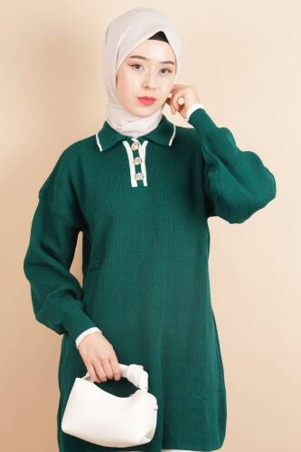 Yaka Ve Düğme Detaylı Tesettür Tunik Kazak Zümrüt - 03Kız Kulesi Teks