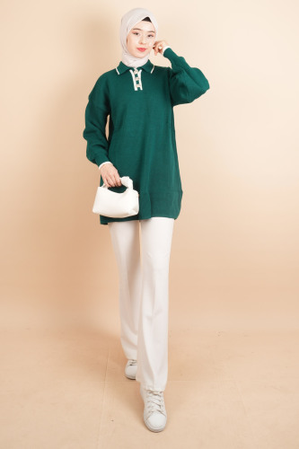 Yaka Ve Düğme Detaylı Tesettür Tunik Kazak Zümrüt - 03Kız Kulesi Teks (1)