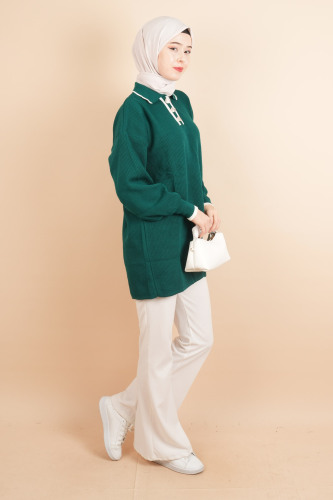 Yaka Ve Düğme Detaylı Tesettür Tunik Kazak Zümrüt - 3