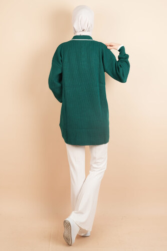 Yaka Ve Düğme Detaylı Tesettür Tunik Kazak Zümrüt - 4