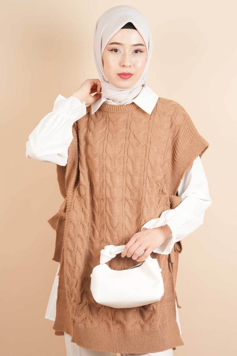 Yan Bağlamalı Bayan Tesettür Sarmal Desen Süveter Camel - 1