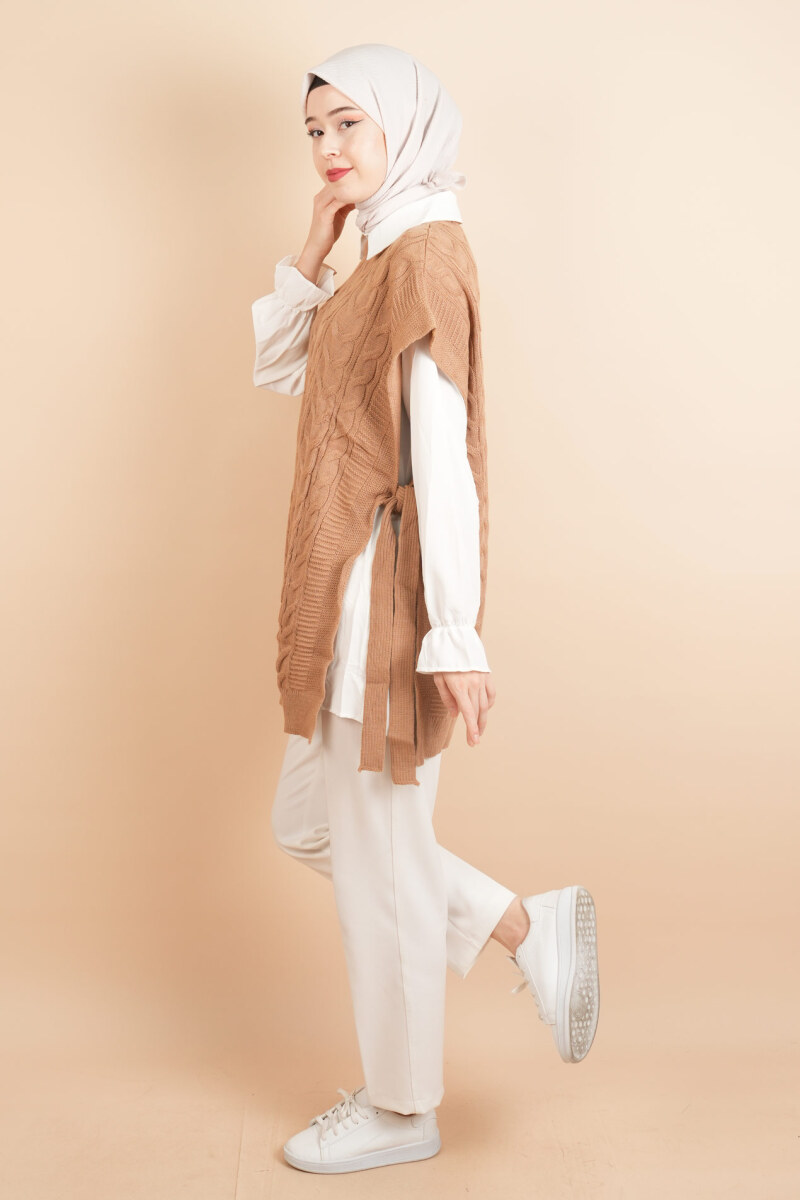 Yan Bağlamalı Bayan Tesettür Sarmal Desen Süveter Camel - 2
