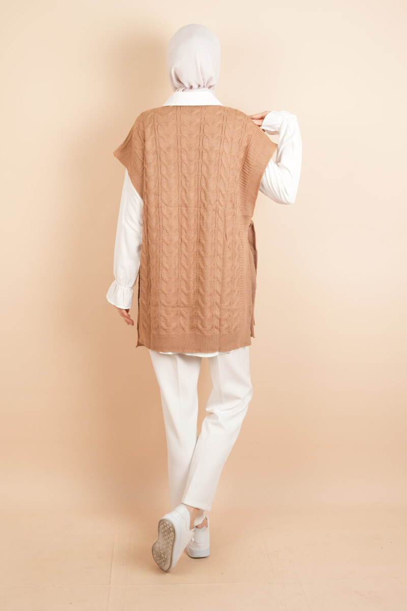 Yan Bağlamalı Bayan Tesettür Sarmal Desen Süveter Camel - 3