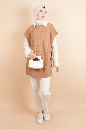 Yan Bağlamalı Bayan Tesettür Sarmal Desen Süveter Camel - 4
