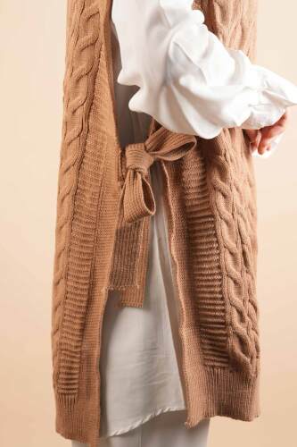 Yan Bağlamalı Bayan Tesettür Sarmal Desen Süveter Camel - 5