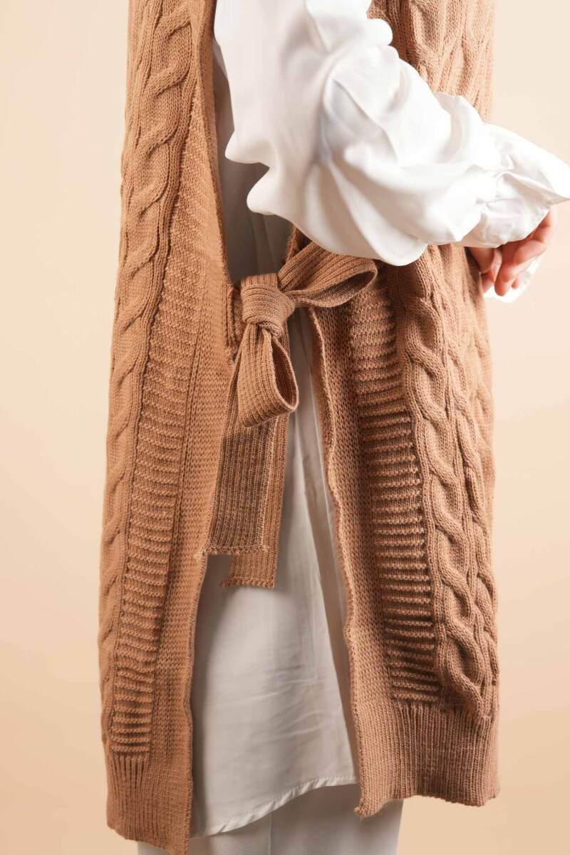 Yan Bağlamalı Bayan Tesettür Sarmal Desen Süveter Camel - 5