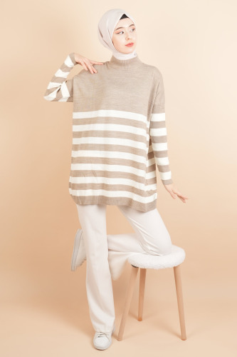 Yarım Balıkçı Yaka Tesettür Çizgili Tunik Kazak Bej - 03Kız Kulesi Teks