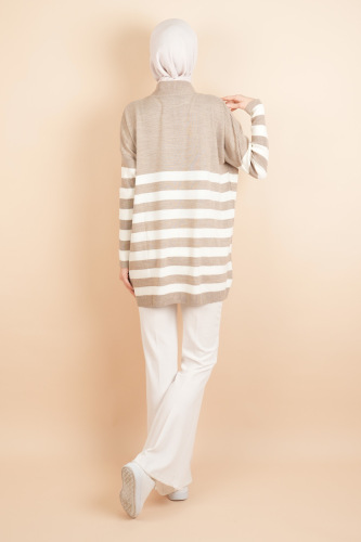 Yarım Balıkçı Yaka Tesettür Çizgili Tunik Kazak Bej - 03Kız Kulesi Teks (1)