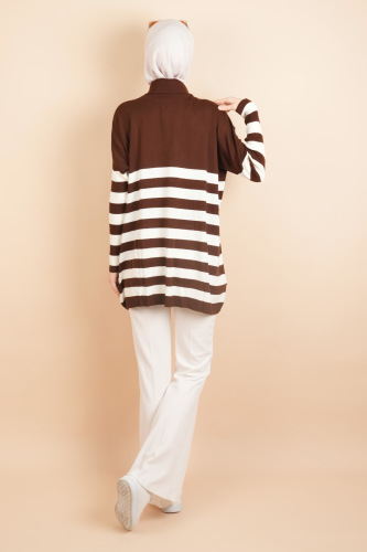 Yarım Balıkçı Yaka Tesettür Çizgili Tunik Kazak Kahverengi - 3