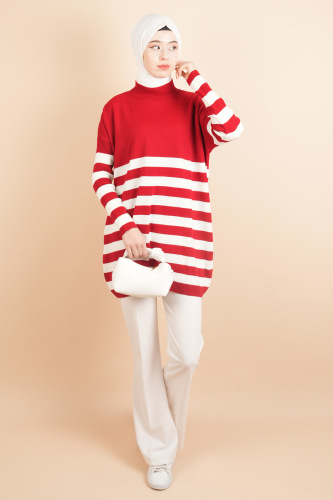Yarım Balıkçı Yaka Tesettür Çizgili Tunik Kazak Kırmızı - 03Kız Kulesi Teks