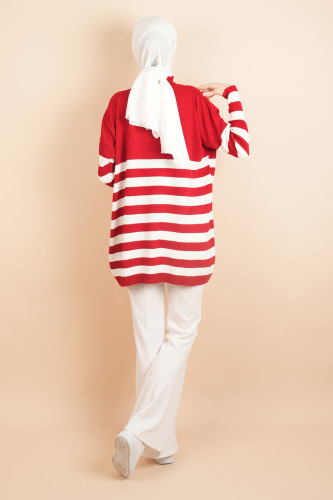 Yarım Balıkçı Yaka Tesettür Çizgili Tunik Kazak Kırmızı - 3