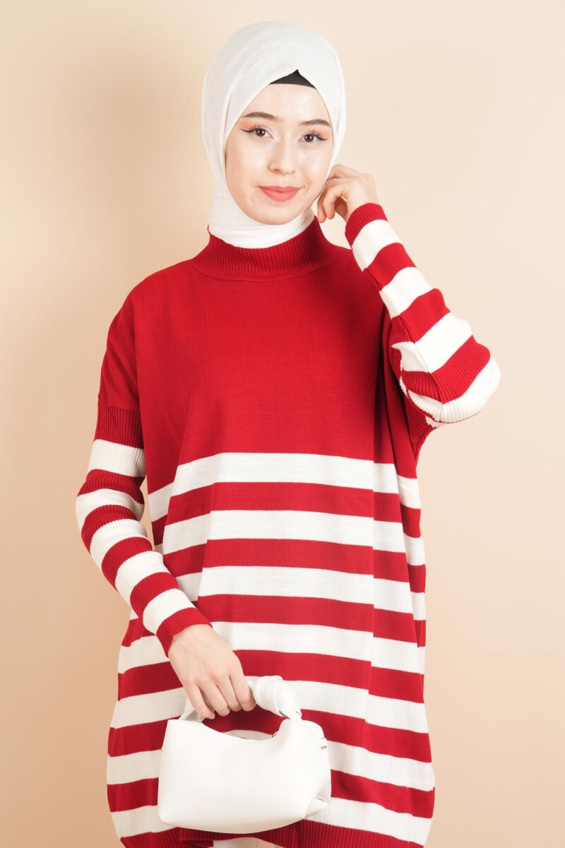 Yarım Balıkçı Yaka Tesettür Çizgili Tunik Kazak Kırmızı - 4