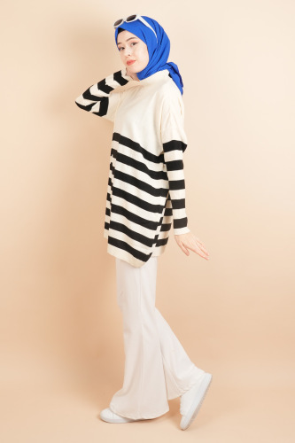 Yarım Balıkçı Yaka Tesettür Çizgili Tunik Kazak Krem - 03Kız Kulesi Teks (1)