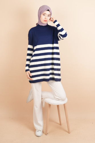 Yarım Balıkçı Yaka Tesettür Çizgili Tunik Kazak Lacivert - 03Kız Kulesi Teks