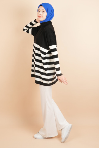 Yarım Balıkçı Yaka Tesettür Çizgili Tunik Kazak Siyah - 03Kız Kulesi Teks (1)