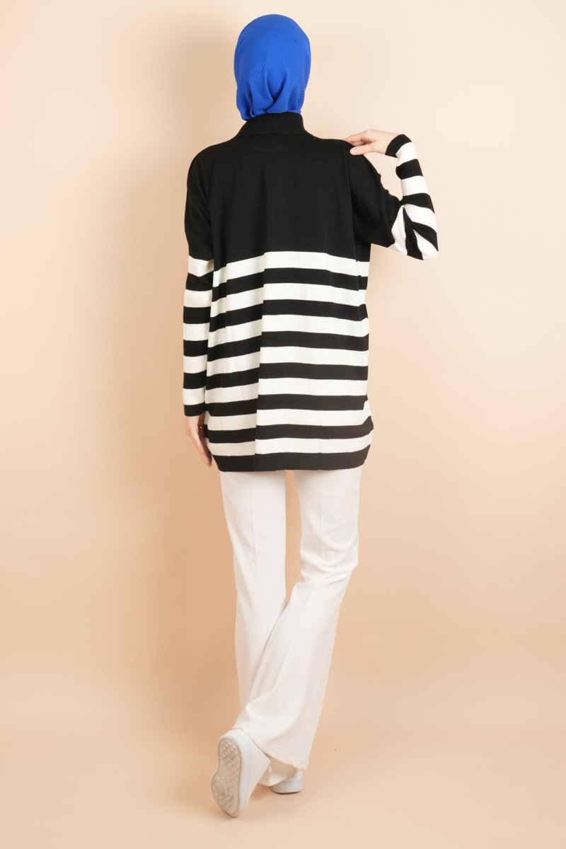 Yarım Balıkçı Yaka Tesettür Çizgili Tunik Kazak Siyah - 3