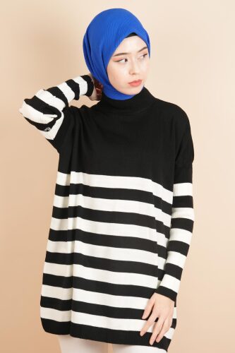 Yarım Balıkçı Yaka Tesettür Çizgili Tunik Kazak Siyah - 4
