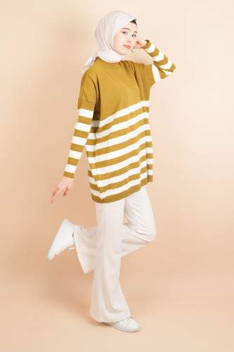 Yarım Balıkçı Yaka Tesettür Çizgili Tunik Kazak Yağ Yeşili - 03Kız Kulesi Teks (1)