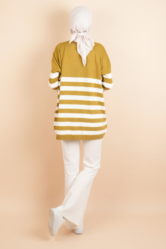 Yarım Balıkçı Yaka Tesettür Çizgili Tunik Kazak Yağ Yeşili - 3